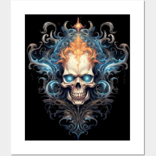 Skull on Blue Fire: Baroque Vintage Ornament Background Posters and Art